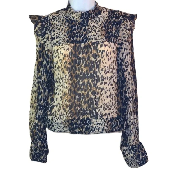Free People | Brown Leopard Print Roma Blouse Cropped Sheer Crinkle S - Picture 2 of 7